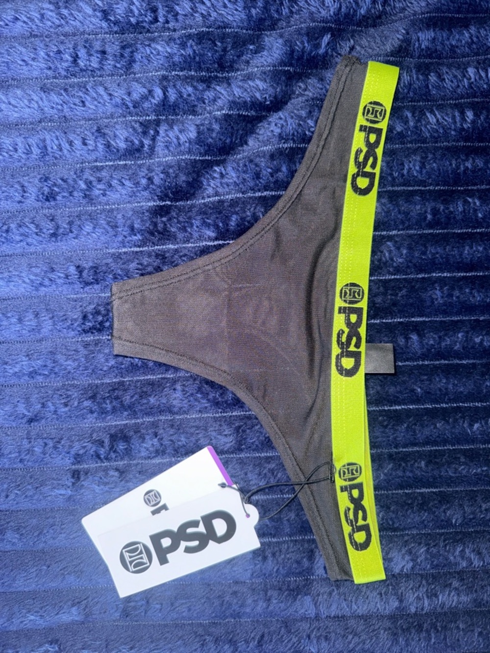 PSD Black Thong with Neon Yellow Logo Waistband